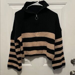 SHEIN Black and Cream Striped Cowl Neck Sweater